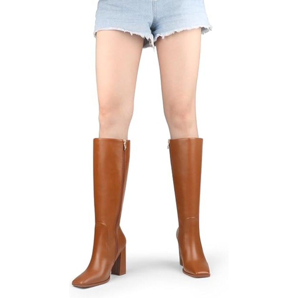 Zzheels Women's 10.5 Light Brown Boots Square Toe Chunky Side Zipper Heeled Long